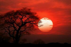 ai gerado abstrato beleza vermelho pôr do sol céu com volta Sol e recortado árvore foto