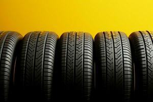 ai gerado pneu exibição arrumado linha do pneus em uma vívido amarelo fundo foto