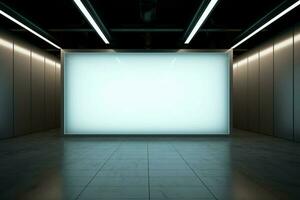 ai gerado moderno exibição brilhando em branco parede aumenta a ampla sala de exposições ambiente foto