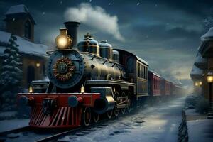 ai gerado Natal temático trem viajando através uma Nevado inverno panorama ai gerado foto