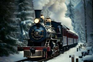 ai gerado mágico inverno passeio uma trem adornado com Natal decorações dentro uma Nevado configuração ai gerado foto