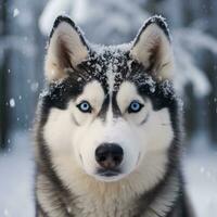 ai gerado siberian rouco cachorro em neve foto