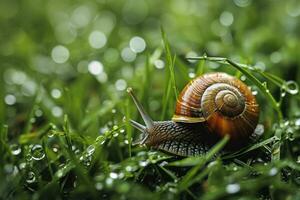 ai gerado macro tiro do uma Caracol em a Relva depois de a chuva foto