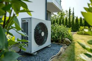 ai gerado ar fonte calor bomba instalado dentro residencial prédio. foto