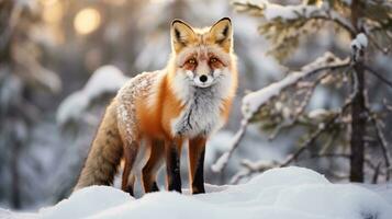 ai gerado vermelho Raposa dentro a inverno floresta foto