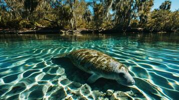 ai gerado florida peixe-boi dentro Claro água foto