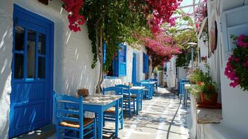 ai gerado grego cultura com tradicional branco e azul grego arquitetura, taverna foto