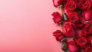 ai gerado uma grupo do vermelho rosas em uma Rosa fundo foto