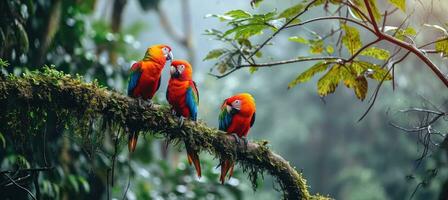 ai gerado tropical papagaios sentado em uma árvore ramo dentro a floresta tropical foto