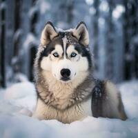 ai gerado siberian rouco cachorro em neve foto