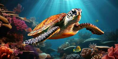 ai gerado marinho tartaruga dentro a meio do animado coral recifes foto