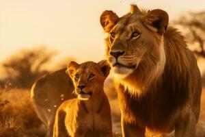 ai gerado uma família do leões dentro a africano savana às pôr do sol. foto