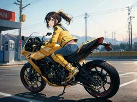 ai gerado lindo amarelo Jaqueta animê menina equitação uma motocicleta em gás estação fundo foto
