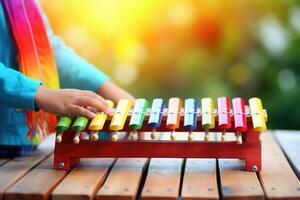 ai gerado criança tocam uma musical instrumento de madeira colorida xilofone foto