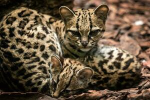 margay, leopardo wiedii, fêmea com bebê. margay gatos par do abraçando cada outro. foto