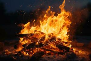 ai gerado fogueira às Turística acampamento às natureza . chama amd fogo faíscas em Sombrio abstrato fundo. foto