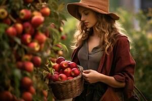 ai gerado uma mulher segurando uma cesta do maçãs foto