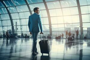 ai gerado uma homem dentro uma azul terno segurando uma mala de viagem dentro a aeroporto foto