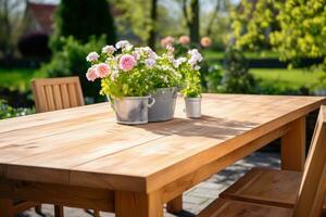 ai gerado uma mesa com uma casal do baldes do flores em isto foto