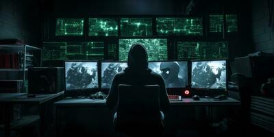 ai gerado uma hacker às trabalhos dentro uma Sombrio quarto com múltiplo computador telas foto