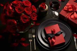 ai gerado romântico mesa configuração com Preto pratos, vermelho rosas, uma presente caixa, e luz de velas em uma Sombrio toalha de mesa foto