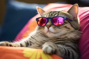 ai gerado gato vestindo coração em forma oculos de sol deitado em uma travesseiro foto