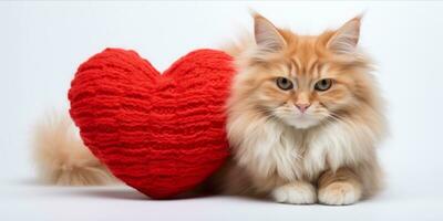 ai gerado gato com uma tricotado coração almofada foto
