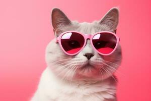ai gerado gato com coração em forma oculos de sol em Rosa fundo foto
