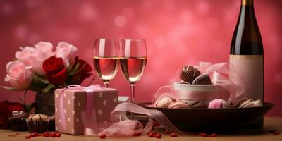 ai gerado namorados dia configuração com uma garrafa do vinho, presente caixas, uma caixa do chocolates, e coração decorações em uma Rosa fundo foto