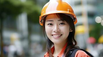 ai gerado sorrir do lindo japonês construção fêmea trabalhador foto