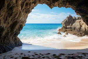 ai gerado a de praia a partir de a dentro do uma grande, Rocha caverna foto