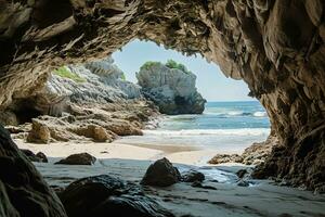 ai gerado a de praia a partir de a dentro do uma grande, Rocha caverna foto