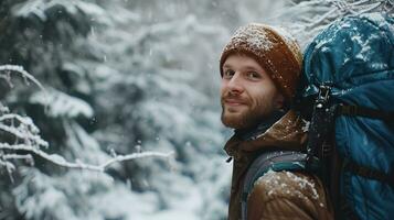 ai gerado russo sorridente homem Veja às a Câmera com uma grande azul mochila, em dele ombros caminhando através a inverno montanhas foto