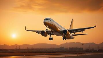 ai gerado aterrissagem uma avião contra uma dourado céu às pôr do sol. passageiro aeronave vôo acima dentro pôr do sol claro. viajando e o negócio conceito foto