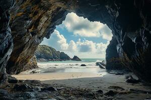 ai gerado a de praia a partir de a dentro do uma grande, Rocha caverna foto