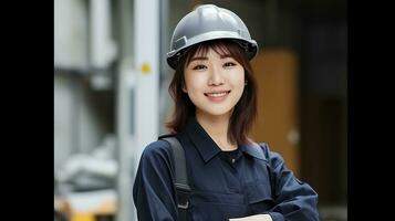 ai gerado sorrir do lindo japonês construção fêmea trabalhador foto