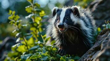 ai gerado retrato do uma Skunk dentro a floresta, fechar acima. animal raiva. foto