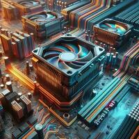 ai gerado computador processador com microcircuitos dentro a cidade. 3d Renderização foto