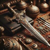 ai gerado velho espada vintage espada dentro uma de madeira caso em uma Sombrio fundo. foto