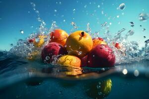 ai gerado tropical frutas outono profundamente debaixo água com uma grande splash. neural rede ai gerado foto