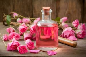 ai gerado rosa flor e vidro do garrafa essencial óleo ou rosa água com rosa pétalas, spa e aromaterapia Cosmético conceito. neural rede ai gerado foto