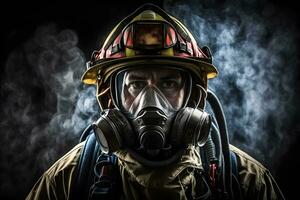 ai gerado fechar acima retrato do face bombeiro vestindo protetora uniforme e a protetora mascarar. neural rede ai gerado foto