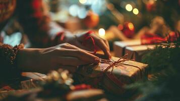 ai gerado embalagem de presente mãos fechar-se. espalhando alegria durante Natal feriados. foto