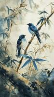 ai gerado aguarela bambu Projeto dentro azul e branco com pássaros e pássaros em uma branco fundo, dentro a estilo do Sombrio ouro e cinzento. foto