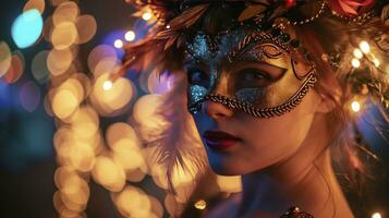 ai gerado lindo jovem mulher dentro carnaval mascarar e à moda mascarada traje com penas e estrelinhas dentro colorida bokeh em Preto fundo. Natal, Novo ano, celebração. foto