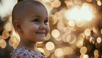 ai gerado uma pequeno menina com uma Careca cabeça mostrando dela sorriso, dentro a estilo do bokeh panorama foto