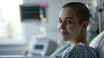 ai gerado mulher com uma Careca cabeça dentro uma hospital cama mundo Câncer dia conceito. foto