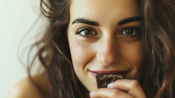 ai gerado jovem mulher comendo doce chocolate Barra em branco fundo foto