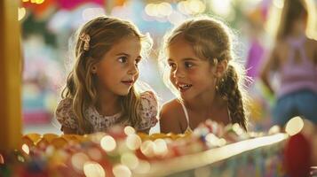 ai gerado dois jovem meninas jogando uma carnaval jogos foto
