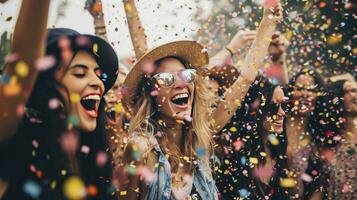 ai gerado feliz amigos a comemorar uma carnaval festa foto